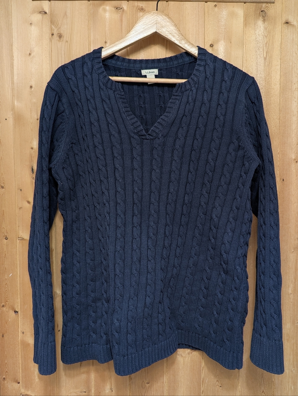 L.L. Bean Navy Blue Cotton Cable Knit V Neck Sweater